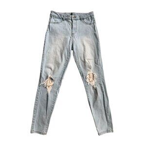 CALZEDONIA Distressed Lace Patch Light Wash Jeans Size Medium